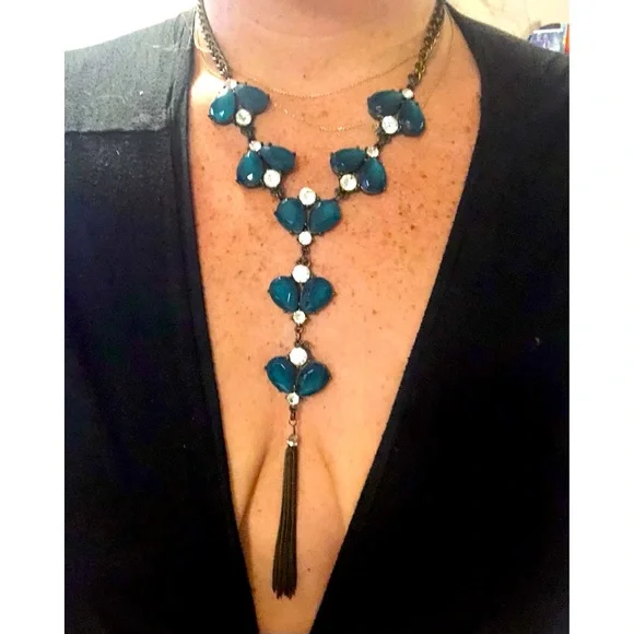 Anthropologie Teal Glass Lariat Statement Necklace - Picture 2 of 7